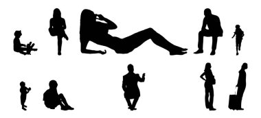 Vektör siluetleri, insanların ana hatları, Contour çizimleri, insanların siluetleri, ikon kümesi izole edilmiş, oturan insanların silueti, mimari set