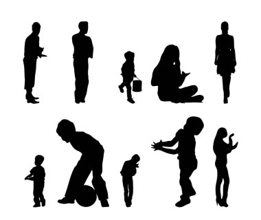 Vektör siluetleri, insanların ana hatları, Contour çizimleri, insanların siluetleri, ikon kümesi izole edilmiş, oturan insanların silueti, mimari set