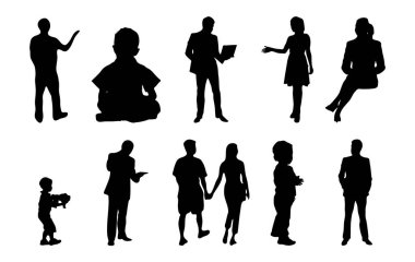 Vektör siluetleri, insanların ana hatları, Contour çizimleri, insanların siluetleri, ikon kümesi izole edilmiş, oturan insanların silueti, mimari set