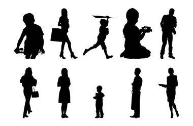 Vektör siluetleri, insanların ana hatları, Contour çizimleri, insanların siluetleri, ikon kümesi izole edilmiş, oturan insanların silueti, mimari set