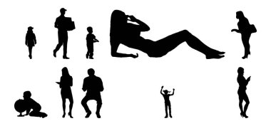 Vektör siluetleri, insanların ana hatları, Contour çizimleri, insanların siluetleri, ikon kümesi izole edilmiş, oturan insanların silueti, mimari set
