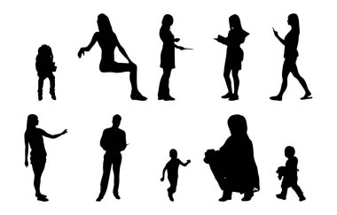 Vektör siluetleri, insanların ana hatları, Contour çizimleri, insanların siluetleri, ikon kümesi izole edilmiş, oturan insanların silueti, mimari set