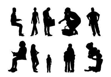 Vektör siluetleri, insanların ana hatları, Contour çizimleri, insanların siluetleri, ikon kümesi izole edilmiş, oturan insanların silueti, mimari set