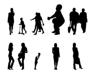 Vektör siluetleri, insanların ana hatları, Contour çizimleri, insanların siluetleri, ikon kümesi izole edilmiş, oturan insanların silueti, mimari set