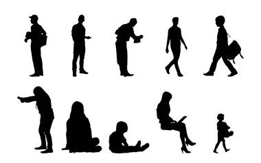 Vektör siluetleri, insanların ana hatları, Contour çizimleri, insanların siluetleri, ikon kümesi izole edilmiş, oturan insanların silueti, mimari set