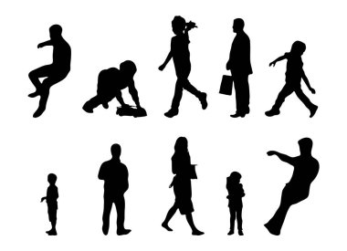 Vektör siluetleri, insanların ana hatları, Contour çizimleri, insanların siluetleri, ikon kümesi izole edilmiş, oturan insanların silueti, mimari set