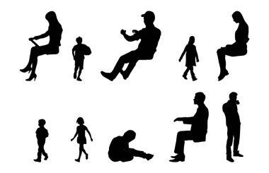 Vektör siluetleri, insanların ana hatları, Contour çizimleri, insanların siluetleri, ikon kümesi izole edilmiş, oturan insanların silueti, mimari set