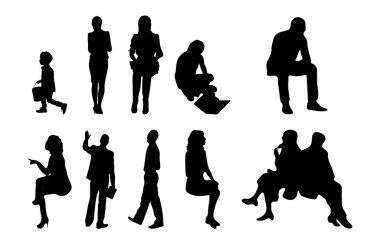 Vektör siluetleri, insanların ana hatları, Contour çizimleri, insanların siluetleri, ikon kümesi izole edilmiş, oturan insanların silueti, mimari set