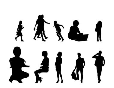 Vektör siluetleri, insanların ana hatları, Contour çizimleri, insanların siluetleri, ikon kümesi izole edilmiş, oturan insanların silueti, mimari set