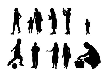 Vektör siluetleri, insanların ana hatları, Contour çizimleri, insanların siluetleri, ikon kümesi izole edilmiş, oturan insanların silueti, mimari set