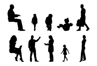 Vektör siluetleri, insanların ana hatları, Contour çizimleri, insanların siluetleri, ikon kümesi izole edilmiş, oturan insanların silueti, mimari set