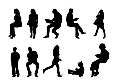 Vektör siluetleri, insanların ana hatları, Contour çizimleri, insanların siluetleri, ikon kümesi izole edilmiş, oturan insanların silueti, mimari set