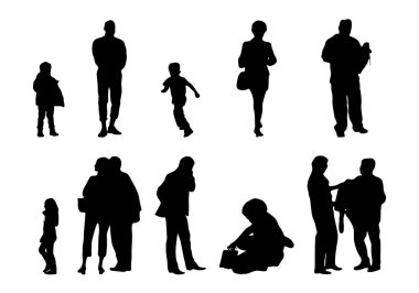 Vektör siluetleri, insanların ana hatları, Contour çizimleri, insanların siluetleri, ikon kümesi izole edilmiş, oturan insanların silueti, mimari set