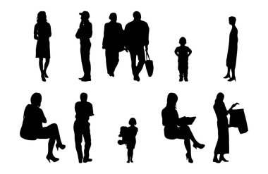 Vektör siluetleri, insanların ana hatları, Contour çizimleri, insanların siluetleri, ikon kümesi izole edilmiş, oturan insanların silueti, mimari set