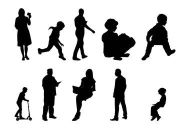 Vektör siluetleri, insanların ana hatları, Contour çizimleri, insanların siluetleri, ikon kümesi izole edilmiş, oturan insanların silueti, mimari set