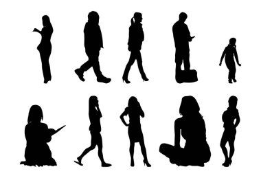 Vektör siluetleri, insanların ana hatları, Contour çizimleri, insanların siluetleri, ikon kümesi izole edilmiş, oturan insanların silueti, mimari set