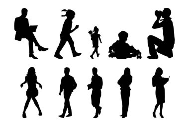 Vektör siluetleri, insanların ana hatları, Contour çizimleri, insanların siluetleri, ikon kümesi izole edilmiş, oturan insanların silueti, mimari set