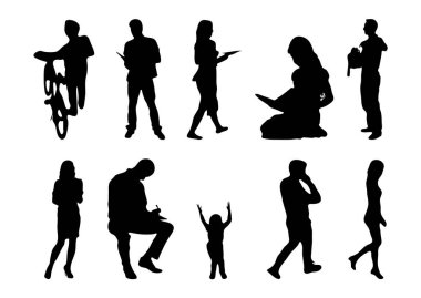Vektör siluetleri, insanların ana hatları, Contour çizimleri, insanların siluetleri, ikon kümesi izole edilmiş, oturan insanların silueti, mimari set
