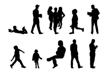 Vektör siluetleri, insanların ana hatları, Contour çizimleri, insanların siluetleri, ikon kümesi izole edilmiş, oturan insanların silueti, mimari set