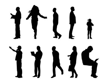 Vektör siluetleri, insanların ana hatları, Contour çizimleri, insanların siluetleri, ikon kümesi izole edilmiş, oturan insanların silueti, mimari set