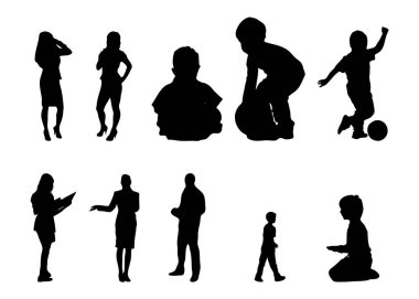 Vektör siluetleri, insanların ana hatları, Contour çizimleri, insanların siluetleri, ikon kümesi izole edilmiş, oturan insanların silueti, mimari set