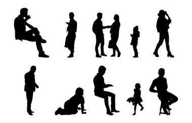 Vektör siluetleri, insanların ana hatları, Contour çizimleri, insanların siluetleri, ikon kümesi izole edilmiş, oturan insanların silueti, mimari set