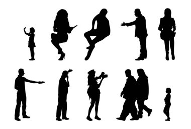 Vektör siluetleri, insanların ana hatları, Contour çizimleri, insanların siluetleri, ikon kümesi izole edilmiş, oturan insanların silueti, mimari set