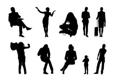 Vektör siluetleri, insanların ana hatları, Contour çizimleri, insanların siluetleri, ikon kümesi izole edilmiş, oturan insanların silueti, mimari set