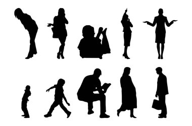 Vektör siluetleri, insanların ana hatları, Contour çizimleri, insanların siluetleri, ikon kümesi izole edilmiş, oturan insanların silueti, mimari set