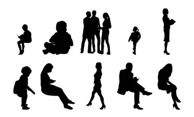 Vektör siluetleri, insanların ana hatları, Contour çizimleri, insanların siluetleri, ikon kümesi izole edilmiş, oturan insanların silueti, mimari set