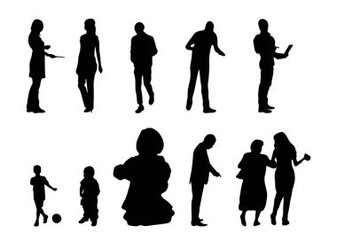 Vektör siluetleri, insanların ana hatları, Contour çizimleri, insanların siluetleri, ikon kümesi izole edilmiş, oturan insanların silueti, mimari set