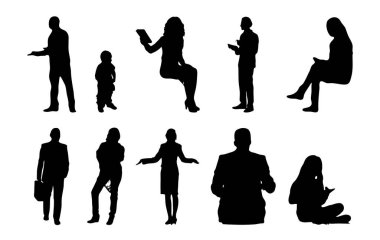 Vektör siluetleri, insanların ana hatları, Contour çizimleri, insanların siluetleri, ikon kümesi izole edilmiş, oturan insanların silueti, mimari set