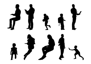 Vektör siluetleri, insanların ana hatları, Contour çizimleri, insanların siluetleri, ikon kümesi izole edilmiş, oturan insanların silueti, mimari set