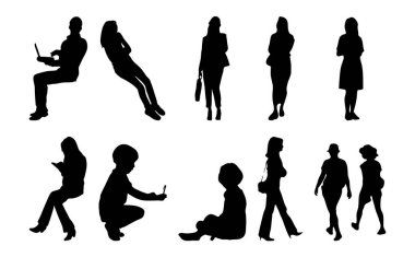 Vektör siluetleri, insanların ana hatları, Contour çizimleri, insanların siluetleri, ikon kümesi izole edilmiş, oturan insanların silueti, mimari set