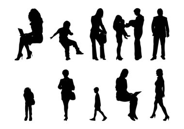 Vektör siluetleri, insanların ana hatları, Contour çizimleri, insanların siluetleri, ikon kümesi izole edilmiş, oturan insanların silueti, mimari set