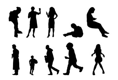 Vektör siluetleri, insanların ana hatları, Contour çizimleri, insanların siluetleri, ikon kümesi izole edilmiş, oturan insanların silueti, mimari set