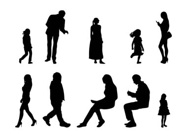 Vektör siluetleri, insanların ana hatları, Contour çizimleri, insanların siluetleri, ikon kümesi izole edilmiş, oturan insanların silueti, mimari set