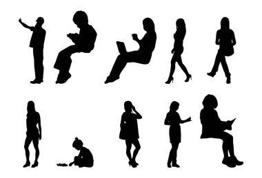 Vektör siluetleri, insanların ana hatları, Contour çizimleri, insanların siluetleri, ikon kümesi izole edilmiş, oturan insanların silueti, mimari set