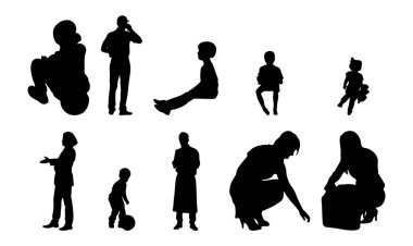 Vektör siluetleri, insanların ana hatları, Contour çizimleri, insanların siluetleri, ikon kümesi izole edilmiş, oturan insanların silueti, mimari set