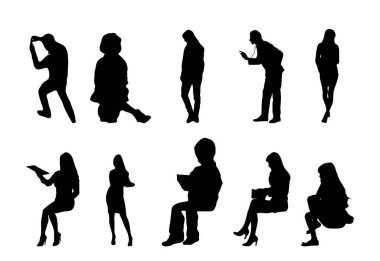 Vektör siluetleri, insanların ana hatları, Contour çizimleri, insanların siluetleri, ikon kümesi izole edilmiş, oturan insanların silueti, mimari set