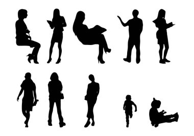 Vektör siluetleri, insanların ana hatları, Contour çizimleri, insanların siluetleri, ikon kümesi izole edilmiş, oturan insanların silueti, mimari set