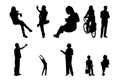 Vektör siluetleri, insanların ana hatları, Contour çizimleri, insanların siluetleri, ikon kümesi izole edilmiş, oturan insanların silueti, mimari set