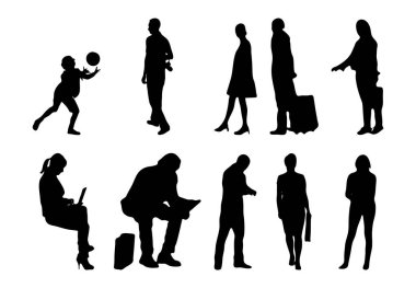 Vektör siluetleri, insanların ana hatları, Contour çizimleri, insanların siluetleri, ikon kümesi izole edilmiş, oturan insanların silueti, mimari set