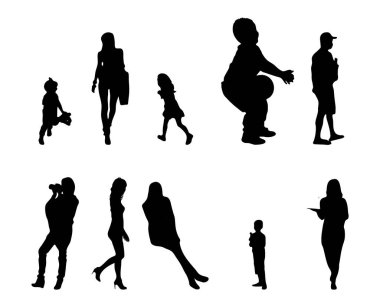 Vektör siluetleri, insanların ana hatları, Contour çizimleri, insanların siluetleri, ikon kümesi izole edilmiş, oturan insanların silueti, mimari set