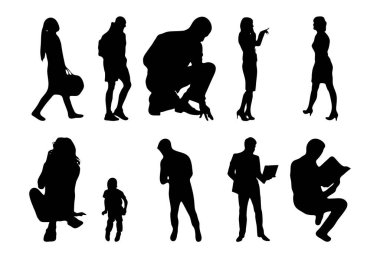 Vektör siluetleri, insanların ana hatları, Contour çizimleri, insanların siluetleri, ikon kümesi izole edilmiş, oturan insanların silueti, mimari set