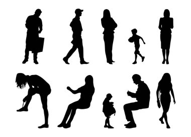 Vektör siluetleri, insanların ana hatları, Contour çizimleri, insanların siluetleri, ikon kümesi izole edilmiş, oturan insanların silueti, mimari set