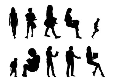 Vektör siluetleri, insanların ana hatları, Contour çizimleri, insanların siluetleri, ikon kümesi izole edilmiş, oturan insanların silueti, mimari set