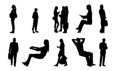 Vektör siluetleri, insanların ana hatları, Contour çizimleri, insanların siluetleri, ikon kümesi izole edilmiş, oturan insanların silueti, mimari set