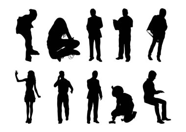 Vektör siluetleri, insanların ana hatları, Contour çizimleri, insanların siluetleri, ikon kümesi izole edilmiş, oturan insanların silueti, mimari set
