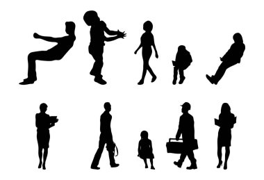 Vektör siluetleri, insanların ana hatları, Contour çizimleri, insanların siluetleri, ikon kümesi izole edilmiş, oturan insanların silueti, mimari set